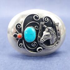 Vintage Western Belt Buckle Turquoise Coral Horse Head Horse Shoe  picture