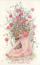 Tuck Dan Cupid Valentine Postcard 234 Joyous Valentine Day, Cupid & Rose Bush picture