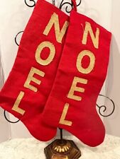 Christmas Extra Large HOBBY LOBBY SET OF 2 RED BURLAP CHRISTMAS STOCKINGS NOEL picture