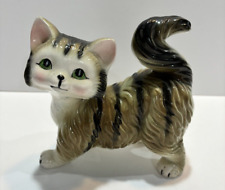Vintage Cat Kitten with Tail Up Figurine Statue Ceramic Brown Striped 6