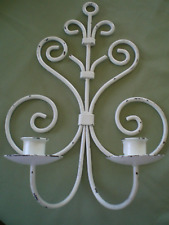 VTG off-White painted Wrought Iron Double Arm Sconce Candle Holder Shabby Look picture