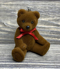 Vtg Christmas Ornament Fuzzy Brown Teddy Bear Red Ribbon 3” picture