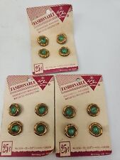 12 Vtg Le Chic Green Moonstone Buttons Gold Trim Original Card 5/8”Germany picture