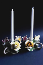 Set of 2 VTG Capodimonte Large Porcelain Rose Candle Holders | Made in Italy picture