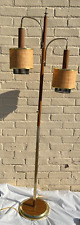 70's Floor Lamp Teak/Brass w/2 Rattan Bamboo Pendant Shades Tiki Unique MCM VTG picture