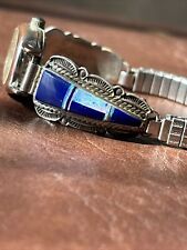 Vintage Signed Lapis Opal Inlay Stamped Sterling Silver Watch Tips Authentic picture