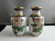 Vintage Pair White Cloisonne Vases picture