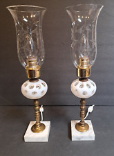 Vintage Pair Clear Etched Glass Hurricane Boudoir Table Lamps, Coin Dot Fenton ? picture