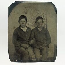 Tattered Boys Holding Arms Tintype c1870 Antique 1/6 Plate Children Photo E722 picture