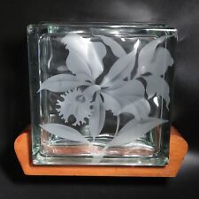 Vintage Blair Honolulu Koa Wood Stand  Etch Glass Block Vase Orchid 7.6