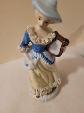 Vintage Porcelain Ceramic Lady Figurine Victorian, Blue & White Harp Lyre 8 