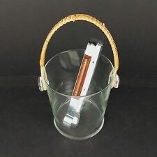 Vintage Mid Century Glass Ice Bucket w/ Wicker Wrapped Handle and ECKO Ice Tongs picture