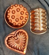 3 Vintage Copper Jello Molds--Ribbed Loaf, Bumpy Circle, Heart picture