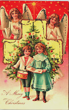 C.1907 ANTIQUE MERRY CHRISTMAS POSTCARD ANGELS & CHILDREN GLITTER HIGHLIGHTS picture