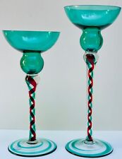 2 Tall  Green Red Clear Handblown Polish Crystal Art Glass Candle Stick Holders picture