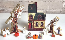 J. Hartzell VTG Wood Halloween House Trees Pumpkins People Ghosts 11 Pcs Signed picture