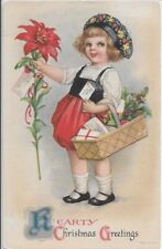 Clapsaddle Uns Christmas PC  Sweet Girl Gives Poinsettia & Gifts Wolf 1924 picture