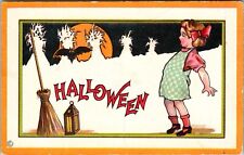 Vintage Halloween Postcard Stecher No 90 Broom & Lantern Girl Scared by Bat JB13 picture