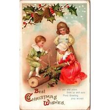 Vintage Postcard Best Christmas Wishes Embossed Children Wrapping Log 1911 picture