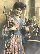 B1 RPPC Photo Postcard Tinted Colored Beautiful Woman Big Hairdo Robe Flowers  picture