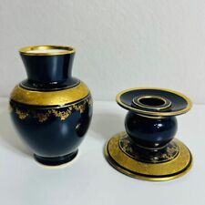 Lindner Kueps Candleholder Vase Bavaria Blue Cobalt Germany Set 2 Vintage picture