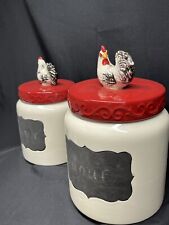 A Set (2) Cracker Barrel Chalkboard Chicken Canisters Pre Own picture