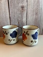 Vintage Otagiri Style Mug Stoneware Speckled Hand Painted 70s Flowers Set of 2 picture