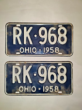Vintage 1958 Matched Pair Ohio License Plates White on Blue RK 968 - Barn Find picture