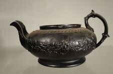 Antique English Jackfield Blackware Teapot Molded Floral Design England picture