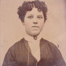 Small Antique Tintype Photo of Beautiful Young Woman Short Curly Black Hair picture