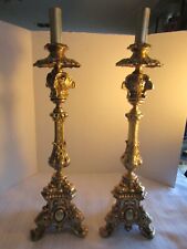 ANTIQUE FRENCH PAIRLARGE BAROQUE ALTARCHURCH CANDLE STICKS26TALL LATE 1800 picture
