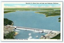 1930 Aerial View Beautiful Ft Gibson Dam Lake Muskogee Oklahoma Antique Postcard picture