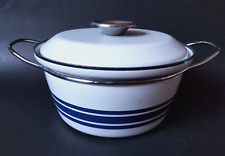 Cathrineholm 2Qt Dutch Oven Covered Pot White Blue Stripe Enamel Norway MCM picture