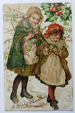 Antique 1909 A Happy Christmas Winter Scene Children Holly Posted Postcard picture