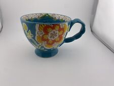 Dutch Wax Hand Painted Ceramic Floral Mug With Braided Handle Teal Blue Red picture