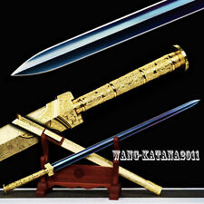 Gold Dragon Chinese Han Dynasty Jian 汉剑 Blue 1095 Carbon Steel Double Edge Sword picture