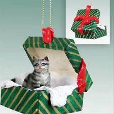 Shorthair Silver Tabby CAT Green Gift Box Holiday Christmas ORNAMENT picture