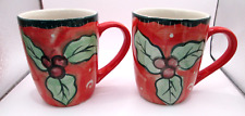 Studio 33 Christmas Coffee Mugs Large Red Holly Pottery Glass 16 oz Lot of 2 picture