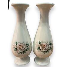 Set Of 2 Transferware? Rose Flower Bud Vases Iridescent Signed Project Piece picture