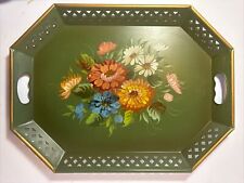 Vintage Nashco NYC Hand Painted Floral Toleware Sage Green Metal Tray 20x15 picture