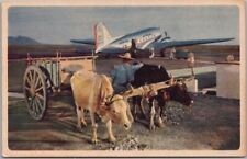 AMERICAN AIRLINES Advertising Postcard MEXICO Ox Cart / Flagship Plane c1950s picture