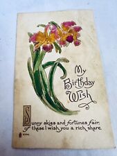 Antique Hand Colored Watercolor Iris Private Mailing Card “Birthday” #637 picture