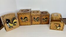 Vtg MCM 8 Pc Set ROOSTER Wood CANISTERS~Cracker Tray~NAPKIN HOLDER by WOODPECKER picture
