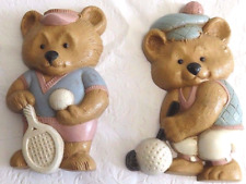 Homco Set of 2 Teddy Bear Tennis Golfing Wall Hanging Plaque Burwood #3269 picture