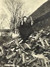 IB Photograph Women Atop Of Chopped Wood Pile 1920-30's Smiling  picture