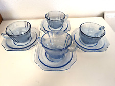 Vintage Blue Glass Tea Cups Saucers 3 Sets Open Sugar Blue Madrid Indiana Glass picture