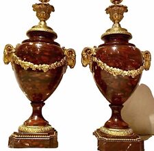 ANTIQUE FRENCH D’ORE GILT BRONZE ROUGE MARBLE URNS VASES LAMPS RAMS HANDLES picture