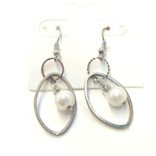 Vintage Faux Pearl Double Circle Dangle Drop Earrings Silver Plated Hook picture