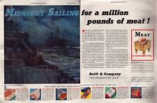 1943 Swift Meats WWII TWO PAGE Print Ad Midnight Sailing Battleships US Navy picture