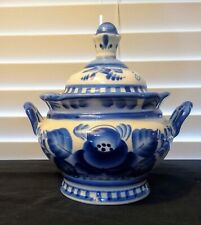 Vtg. Russian Cobalt Blue & White Medium Gzhel Lidded Sugar Container Handcrafted picture